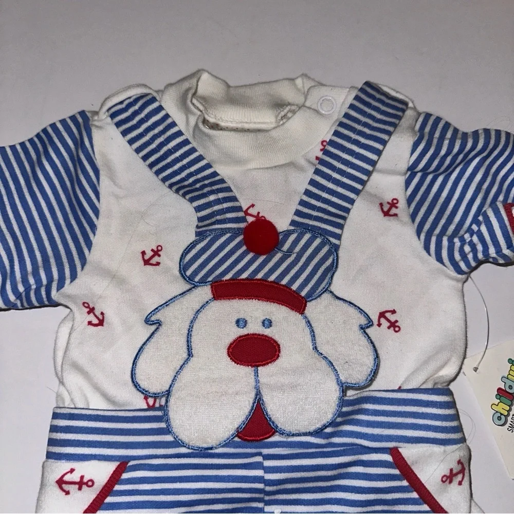 NWT VTG CHILDWISE Puppy Sailor OVERALLS SHORTS SHORTALLS Striped TEE Sz 6/9M